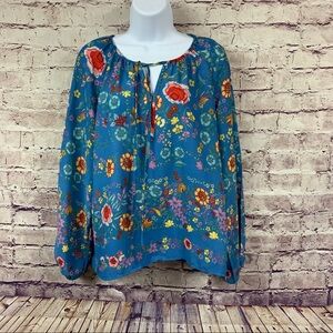 Dalia Blue Floral Print Semi Sheer Long Sleeve Blouse